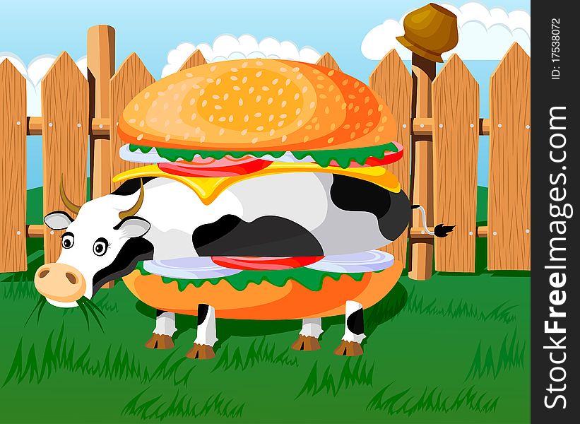 Conceptual hamburger, looks like a cow, fast-food parody. Picture has layers to easy edit. Conceptual hamburger, looks like a cow, fast-food parody. Picture has layers to easy edit