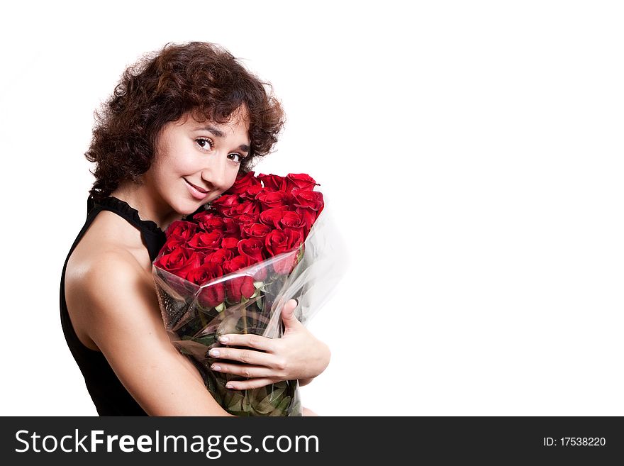 Pretty girl and bouquet red roses. Pretty girl and bouquet red roses