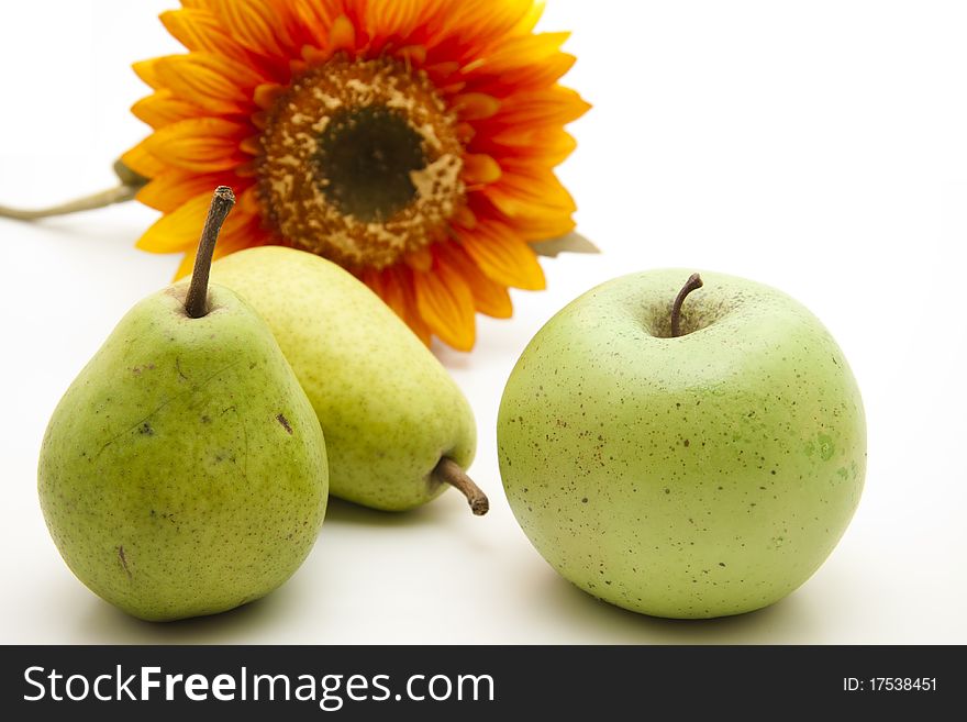 Pear and apple with sunflower