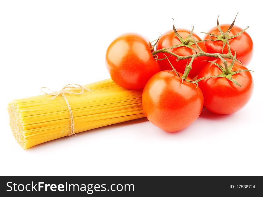 Spaghetti with tomatoes isolated on white background