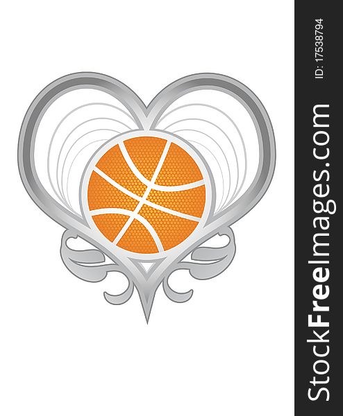 Silver vector heart with basketball ball