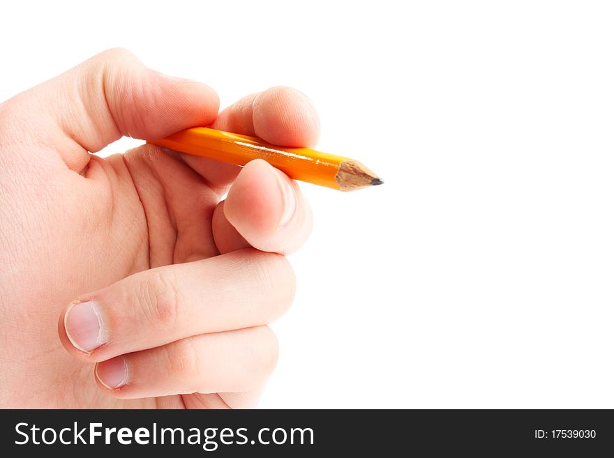 Hand hold pencil. Isolated. Solution