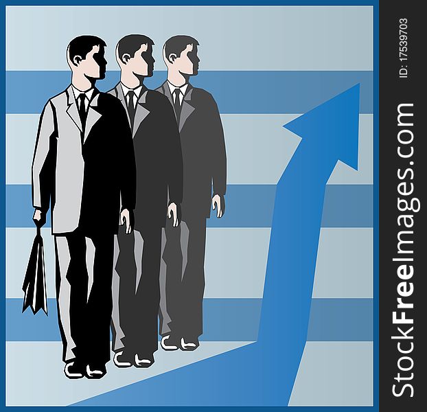 Three young businessmen with chart background
