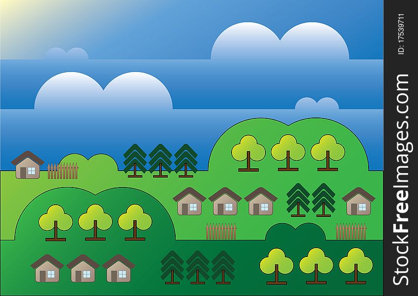 Country landscape with trees and small houses background