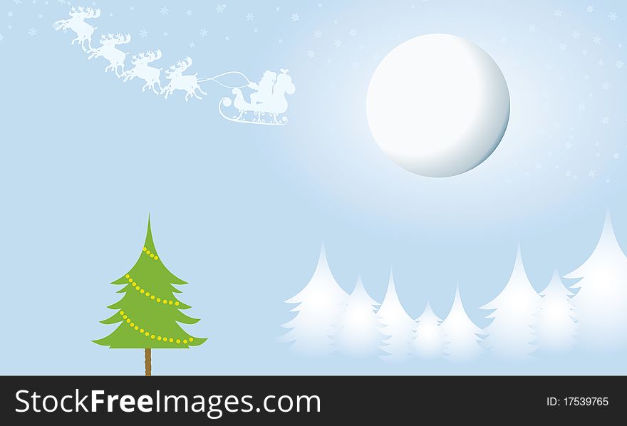 An illustration of a winter scene with the green tree and moon. An illustration of a winter scene with the green tree and moon