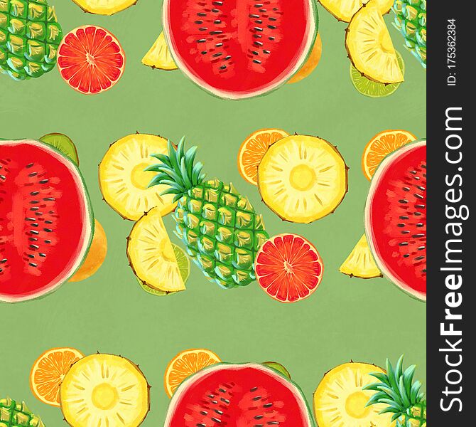 Hand Drawn Seamless Pattern. Summer Background With Exotic Fruits.