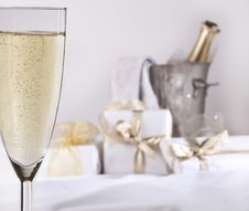 Glass Of Champagne And Gifts Royalty Free Stock Photo Glass Of Champagne And Gifts Royalty Free Stock Photo