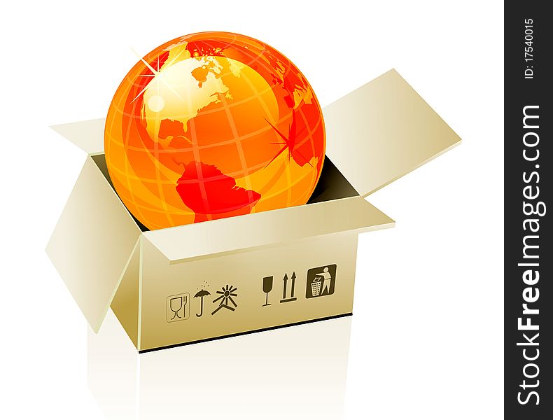 Earth globe in cardboard box on white background