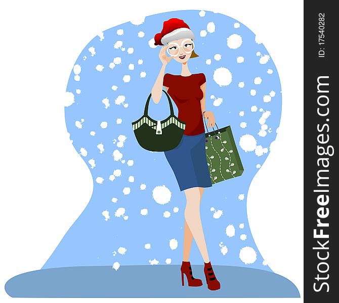 Shopping woman with winter background vector