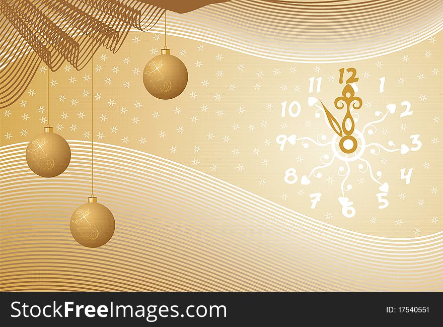 Christmas gold background with Christmas baubles and clock. Christmas gold background with Christmas baubles and clock.
