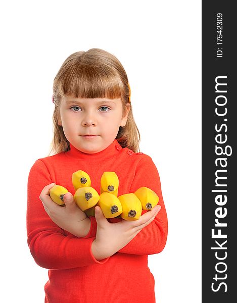 The girl holds a sheaf of bananas