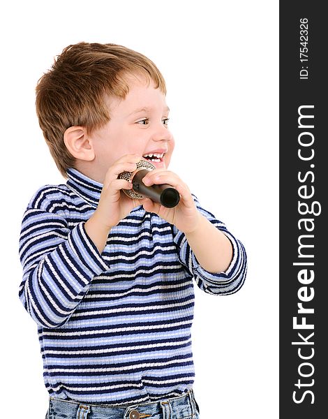 Little boy with a microphone over white