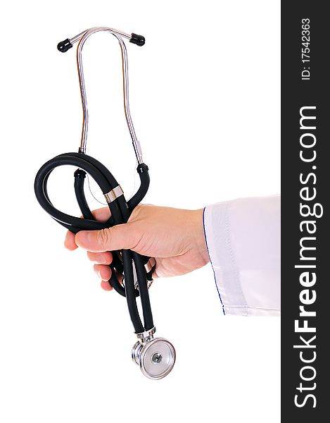 Man's hand with a stethoscope on a white background