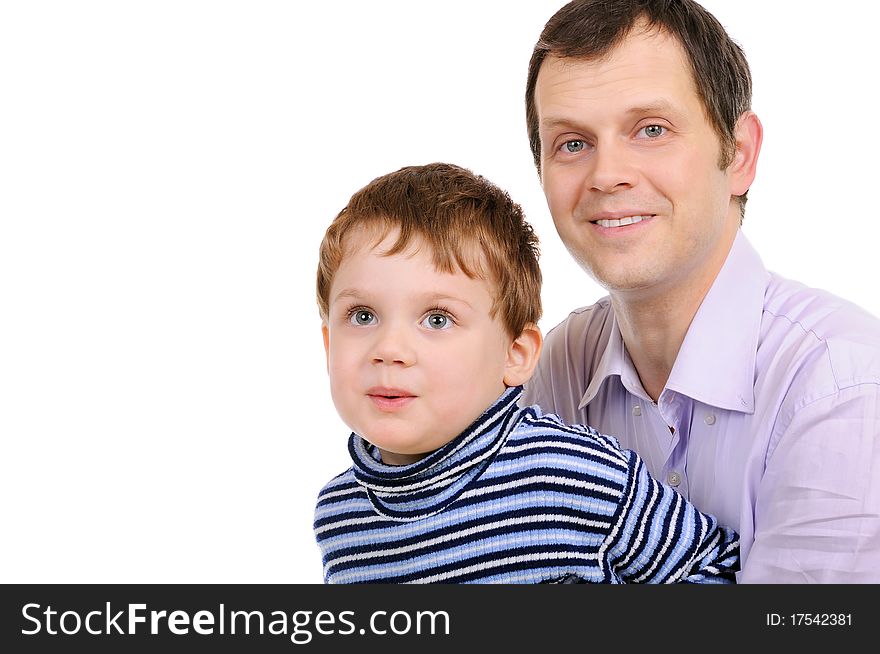 Portrait of the father with the small son. Isolated over white