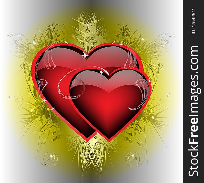 Two ardent hearts on iridescent background, vector illustration, ai. Two ardent hearts on iridescent background, vector illustration, ai