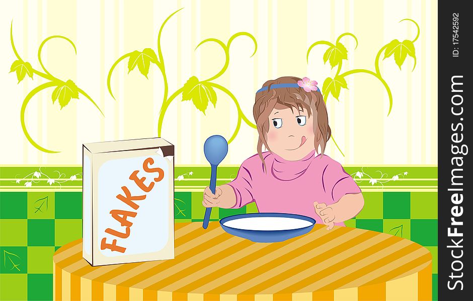 Child be happy to eat breakfast flakes with milk. Child be happy to eat breakfast flakes with milk