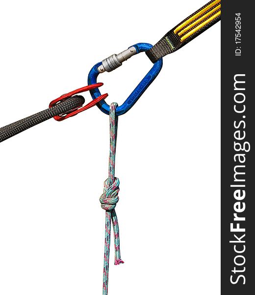 Snap hook with rope and winch over white background