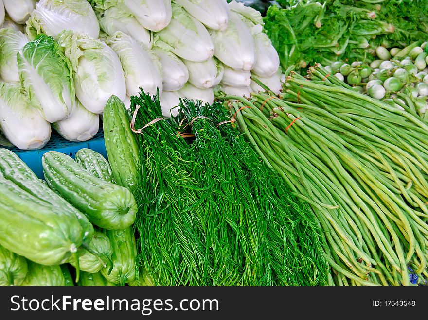 Variety of fresh vegetables in market closeup background , Asia , Thailand