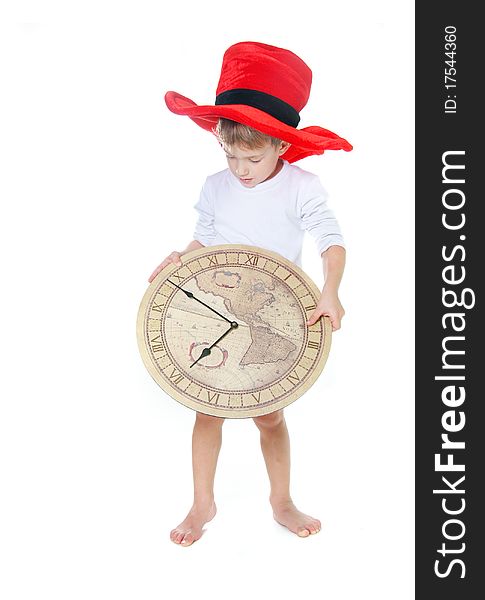 Cute child in big hat with clocks over white