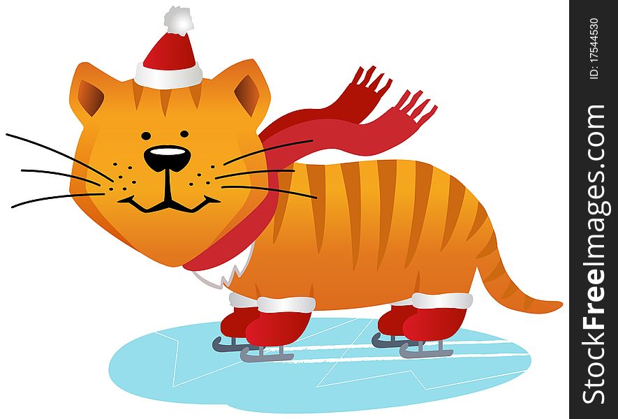 Smiling red cat with stripes in santa cap and waving red scarf racing skates. Smiling red cat with stripes in santa cap and waving red scarf racing skates