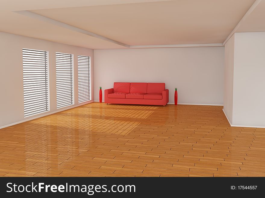 Sofa 3d rendering with vase on wood floor