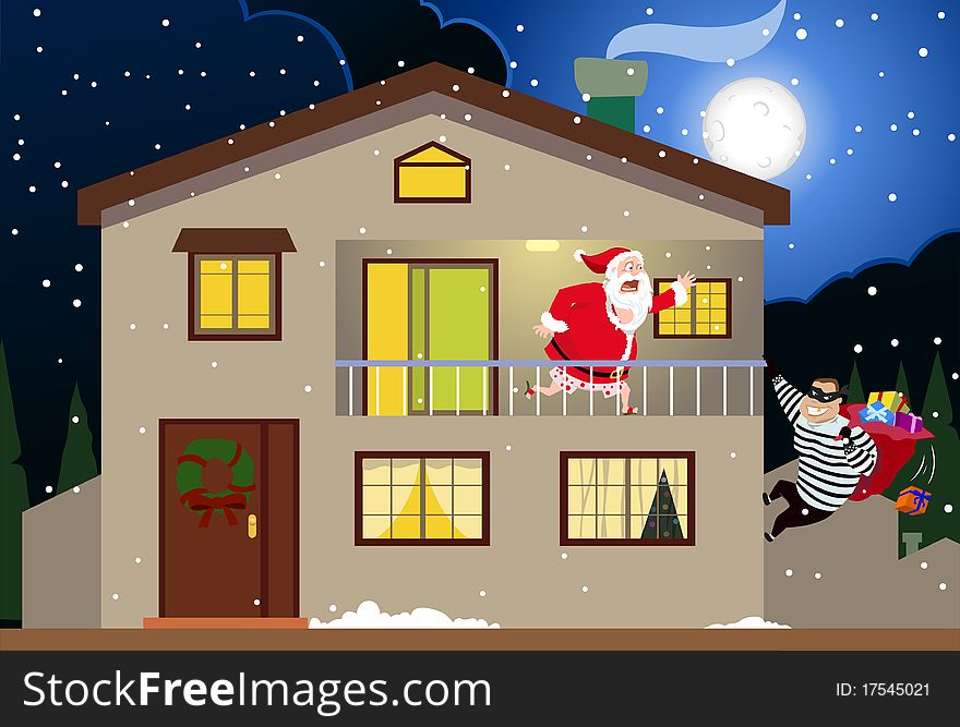 Funny illustration of Santa Claus running to catch a burglar who came inside the house and stole Santaâ€™s gifts bag, while Santa was putting on his clothes getting ready to go out & start distributing the gifts. Funny illustration of Santa Claus running to catch a burglar who came inside the house and stole Santaâ€™s gifts bag, while Santa was putting on his clothes getting ready to go out & start distributing the gifts.