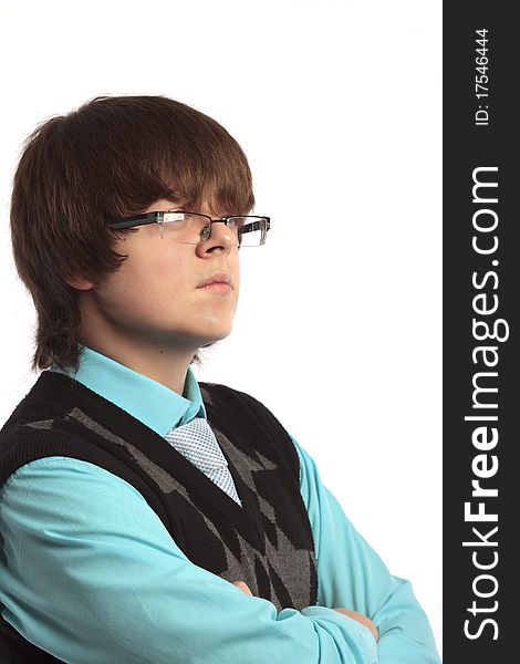 Portrait of the teenage boy with glasses isolated. Portrait of the teenage boy with glasses isolated