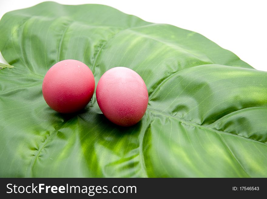 Colored Easter eggs on turn green leaf