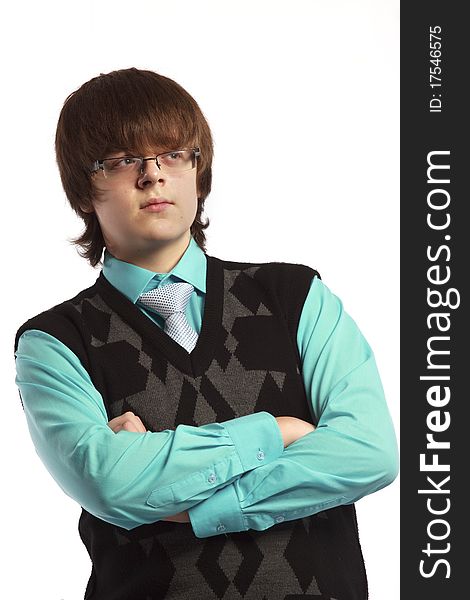 Portrait of the teenage boy with glasses isolated. Portrait of the teenage boy with glasses isolated