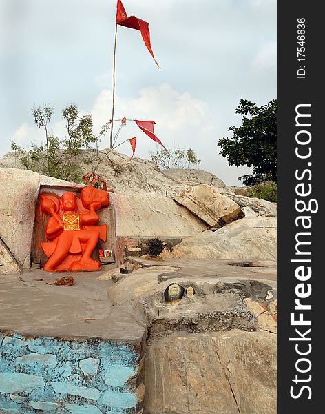 Jabalpur,Madhya Pradesh,India- A open temple of Hindu god Hanuman near the Marbel rock of Jabalpur. Jabalpur,Madhya Pradesh,India- A open temple of Hindu god Hanuman near the Marbel rock of Jabalpur.