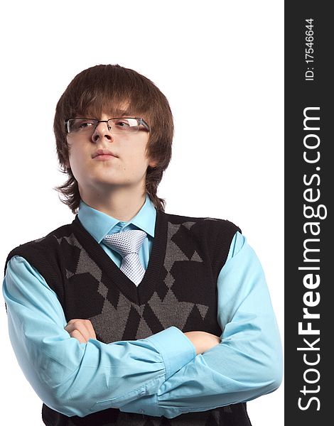 Portrait of the teenage boy with glasses isolated. Portrait of the teenage boy with glasses isolated