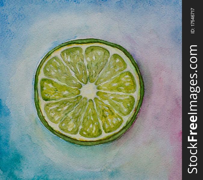 Green lime watercolor on blue background