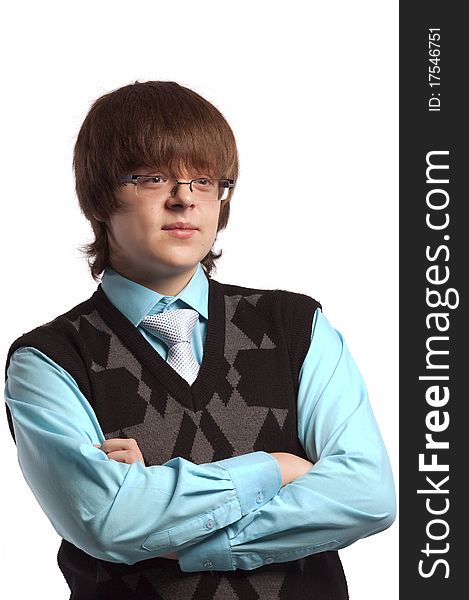 Portrait of the teenage boy with glasses isolated. Portrait of the teenage boy with glasses isolated