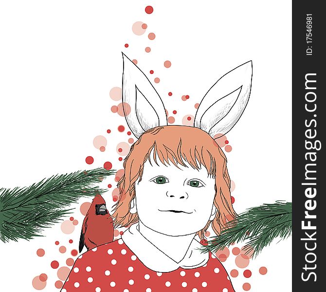 Red-haired girl smile, in red dress with red bird on her soulder, with fir branches and rabbit's ears. Red-haired girl smile, in red dress with red bird on her soulder, with fir branches and rabbit's ears