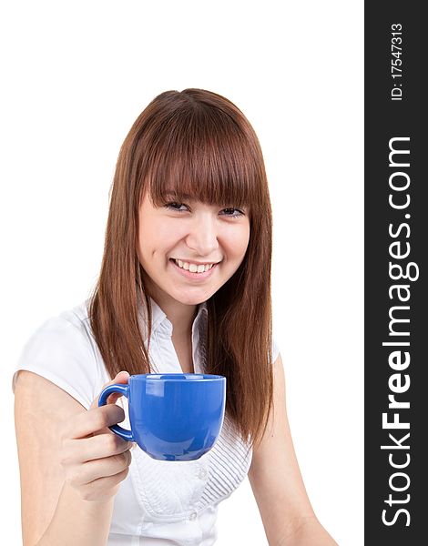 The beautiful girl with a dark blue cup. The beautiful girl with a dark blue cup