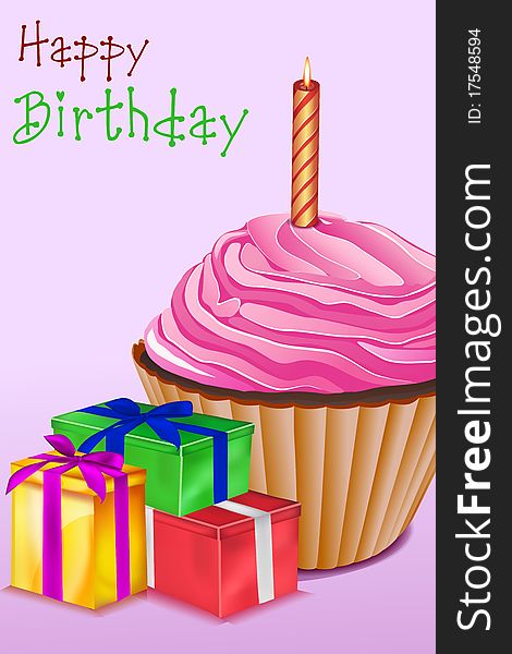 Illustration of birthday card with gift and ice cream. Illustration of birthday card with gift and ice cream