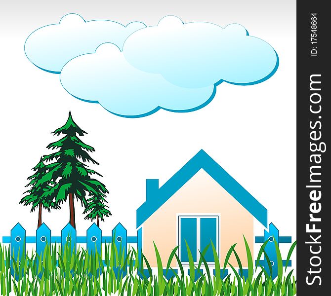 Illustration of natural home with tree and cloud