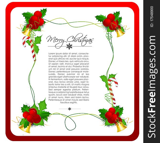 Illustration of classical christmas card with bells and cherry