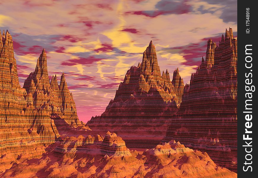 A animated canyon with a wild clouds in the sky. A animated canyon with a wild clouds in the sky