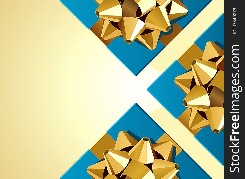 Blue gifts with gold bow top view vector background