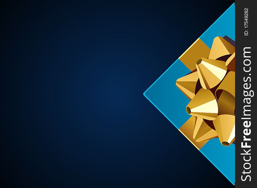 Blue gift with gold bow top view vector background