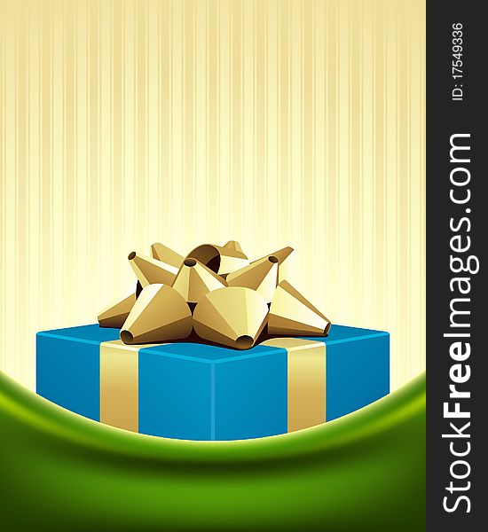 Blue gift with gold bow Christmas vector background