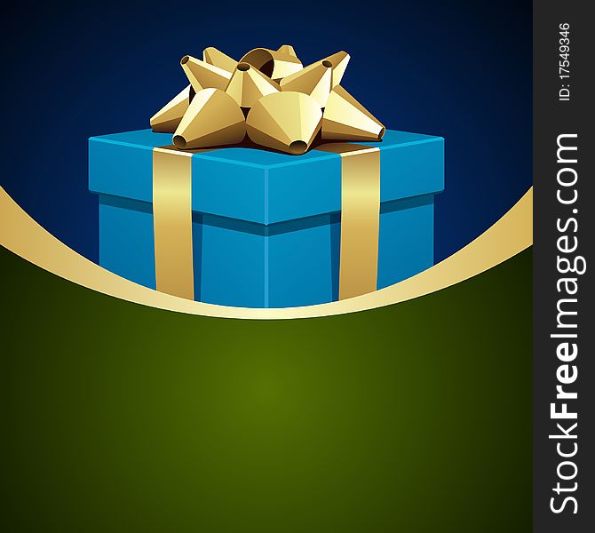 Blue gift with gold bow Christmas vector background