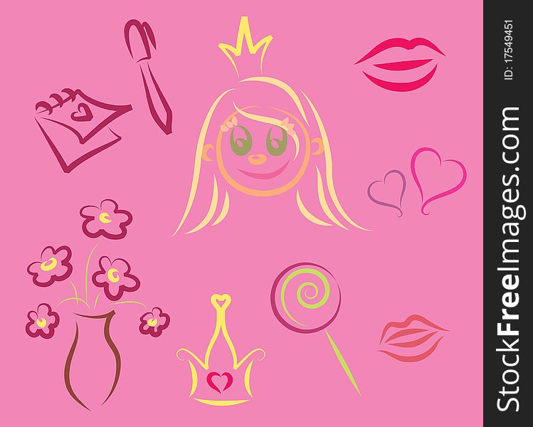 Girlish elements, isolated on pink background
