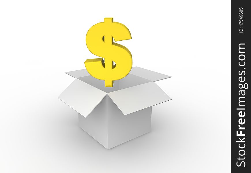 Dollar in cardboard box in 3D style