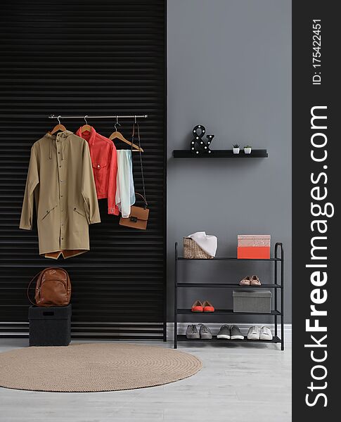 Hallway Interior With Stylish Furniture, Clothes And Accessories