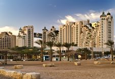 View On The Beach And Resort Hotels In Eilat City Royalty Free Stock Photo