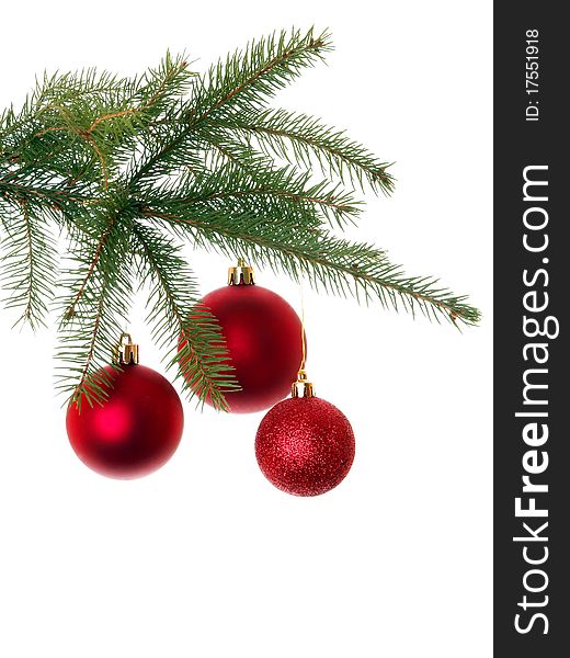 Red Christmas decoration on Christmas tree, isolated on white