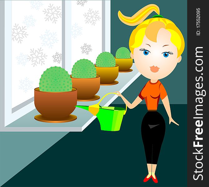 Blonde woman in a red shirt and black pants watering cacti in the window. Blonde woman in a red shirt and black pants watering cacti in the window