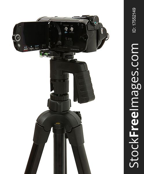 Open HD Camcorder On Tripod On White Background
